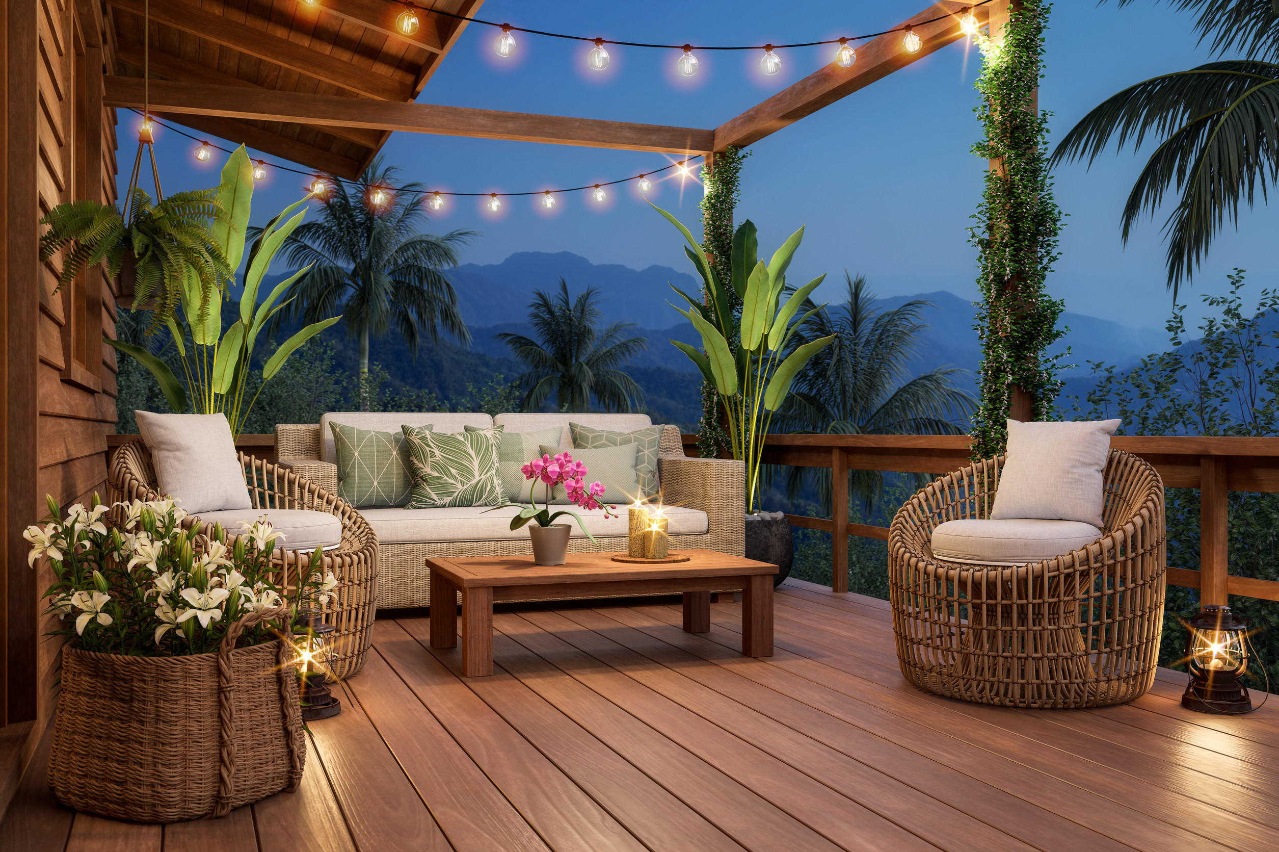 Terrasse bois avec meubles rotin et décor tropical.
