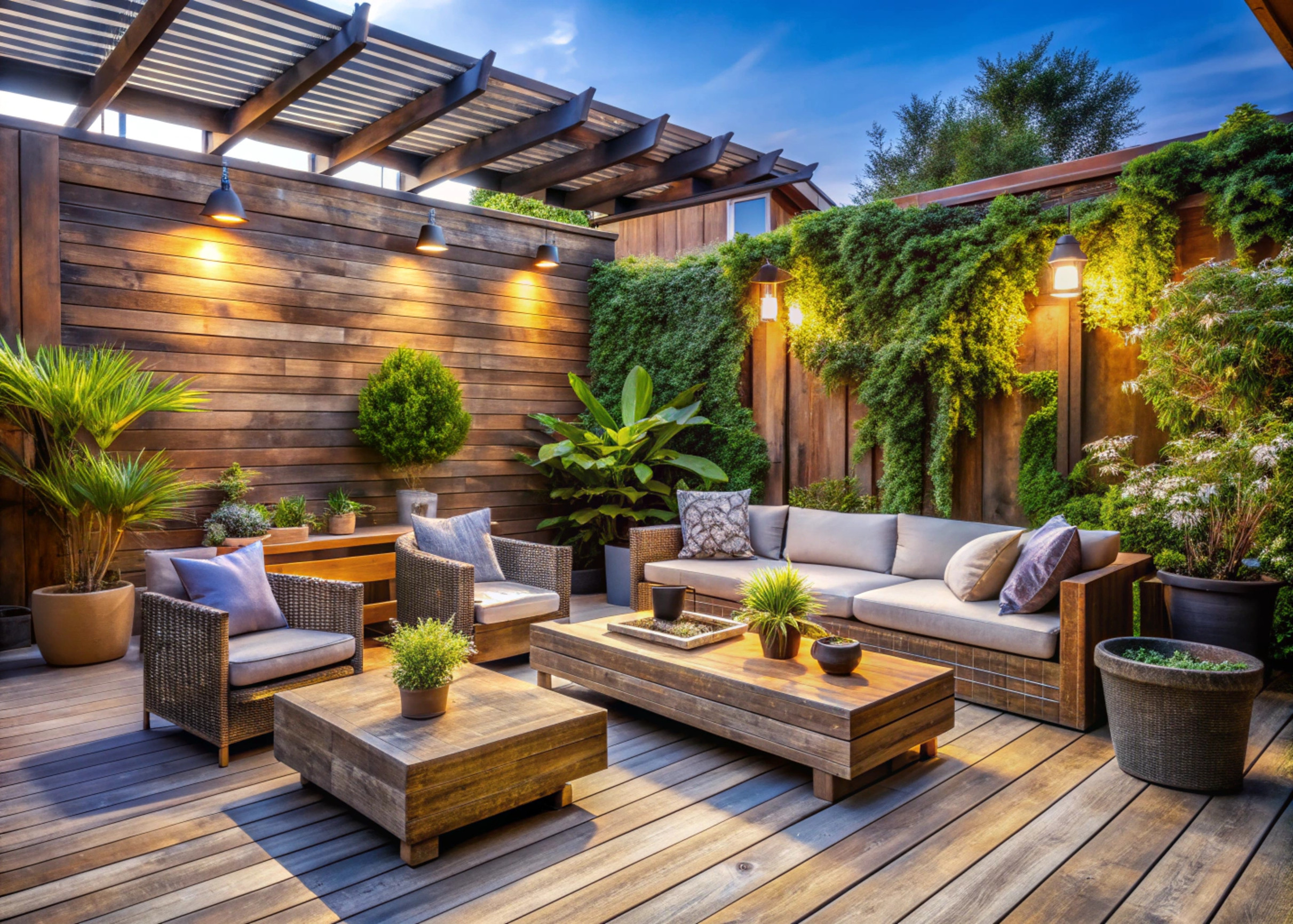 Terrasse bois moderne avec plantes et éclairage chaleureux.